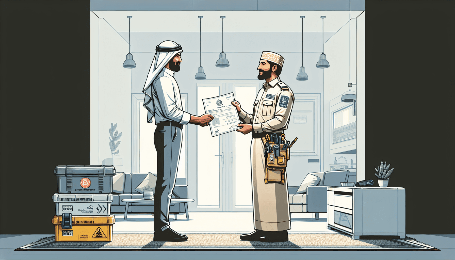 Illustration of an electrician handing a homeowner an electrical certificate