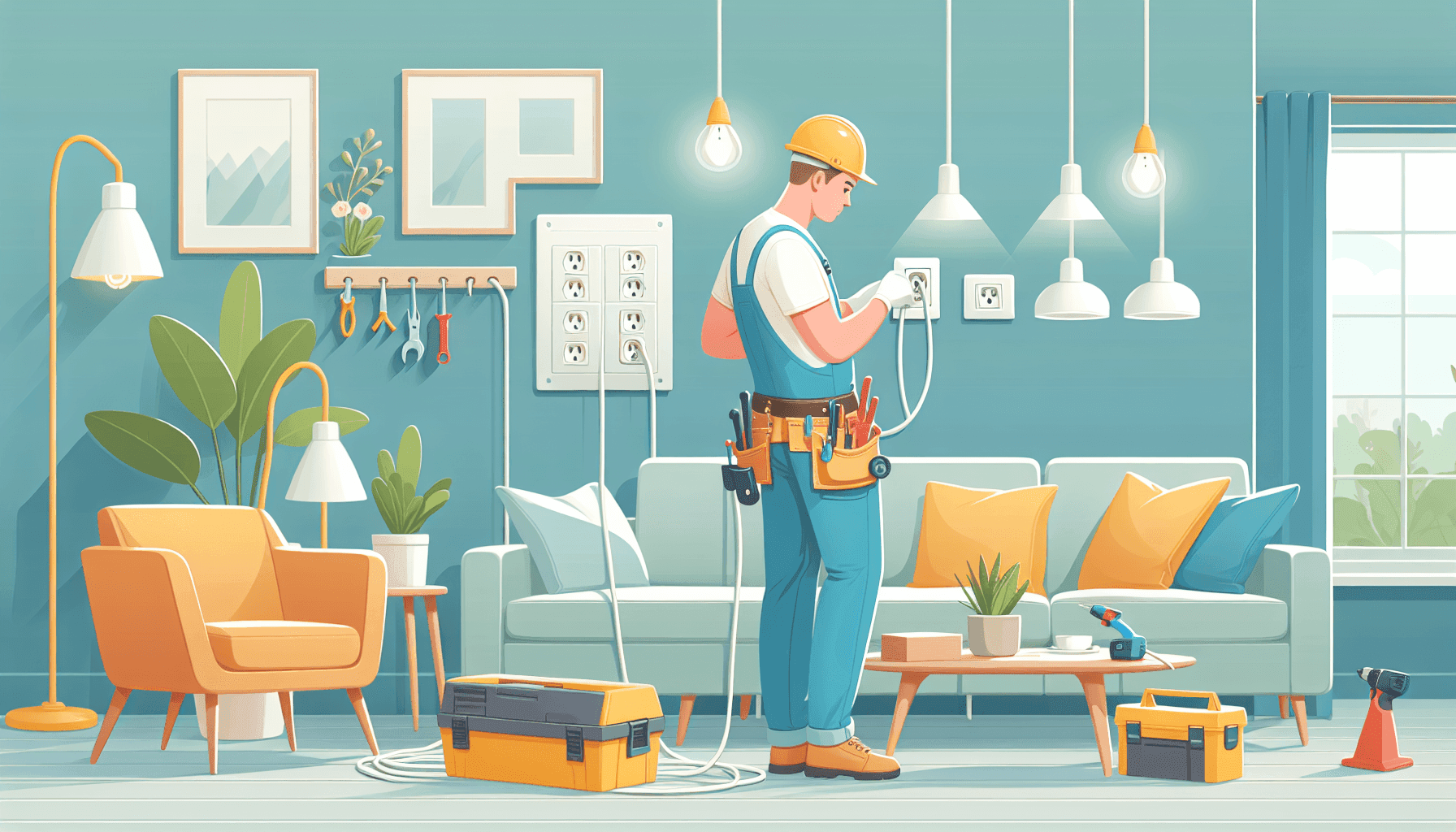 Illustration of a homeowner checking electrical outlets for safety