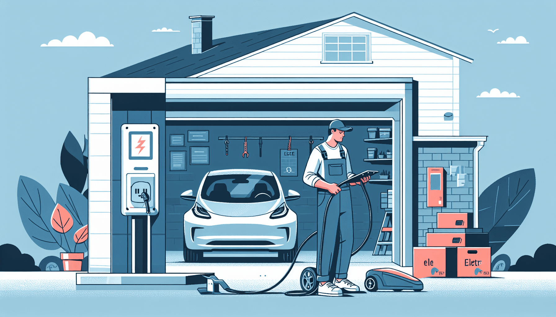 Illustration of an electrician installing a home EV charger