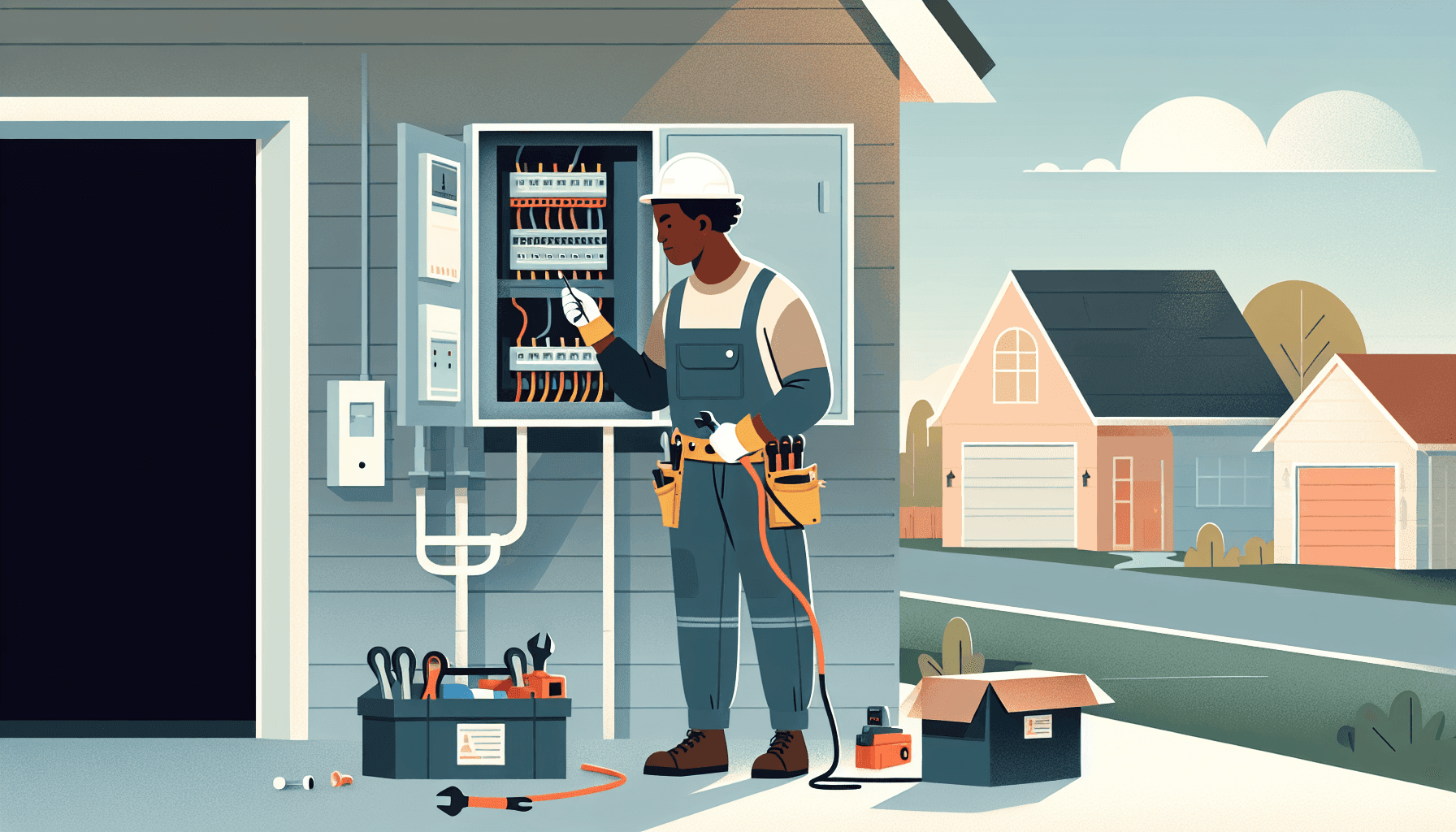 Illustration of an electrician upgrading a home's electrical panel