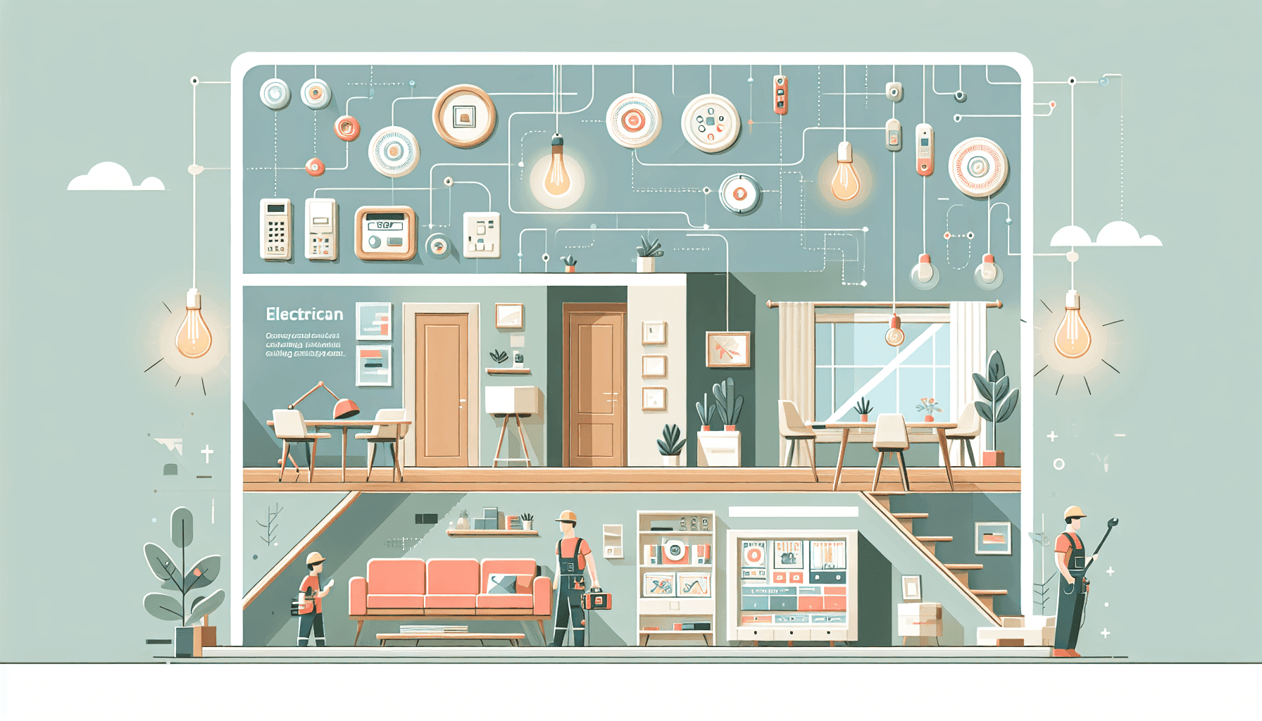 Illustration of modern lighting in different rooms of a house