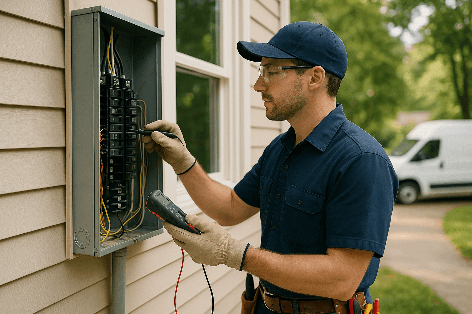 Electrician performing maintenance on a home electrical panel