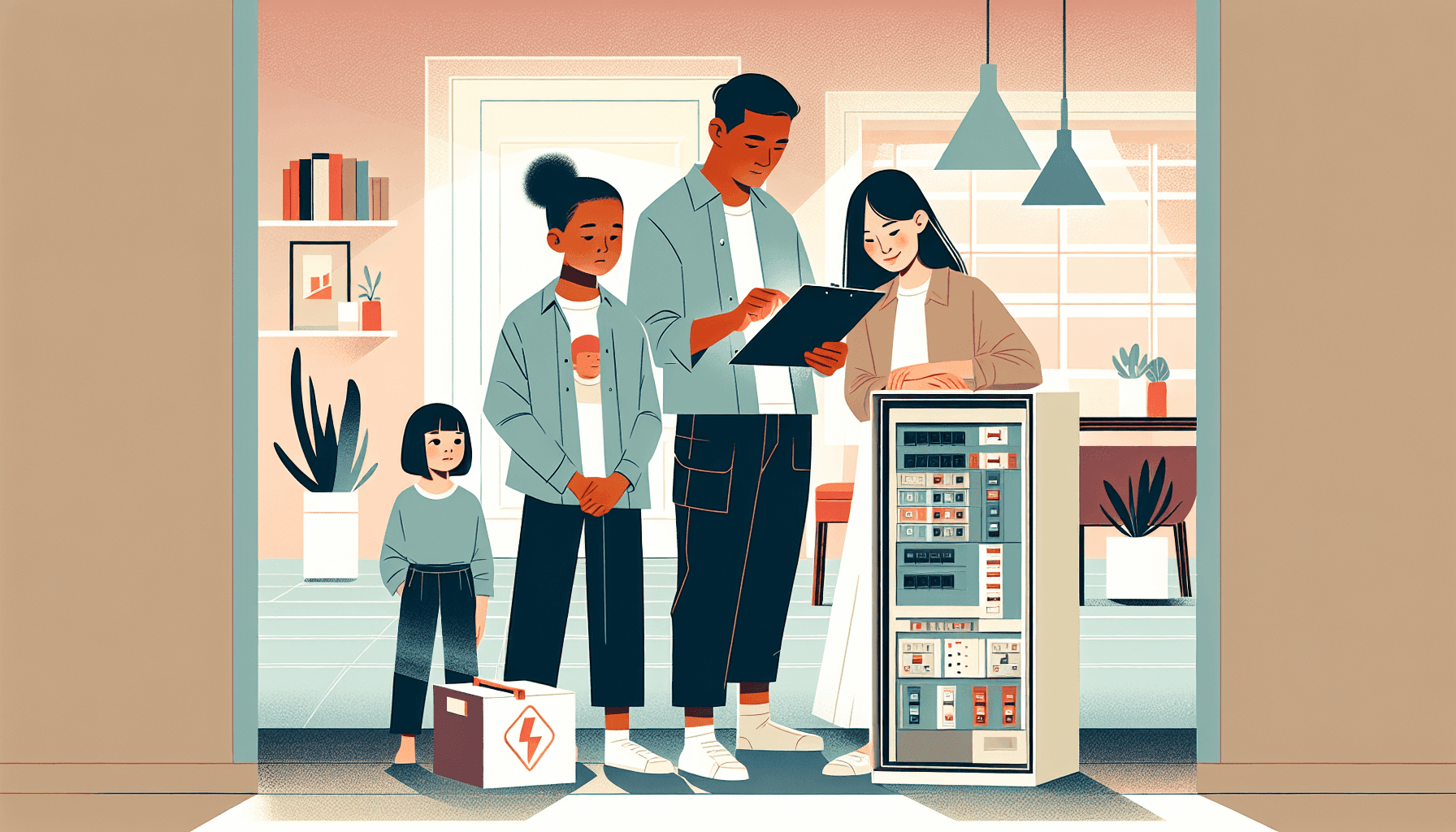 Illustration of a family preparing for an electrical emergency at home