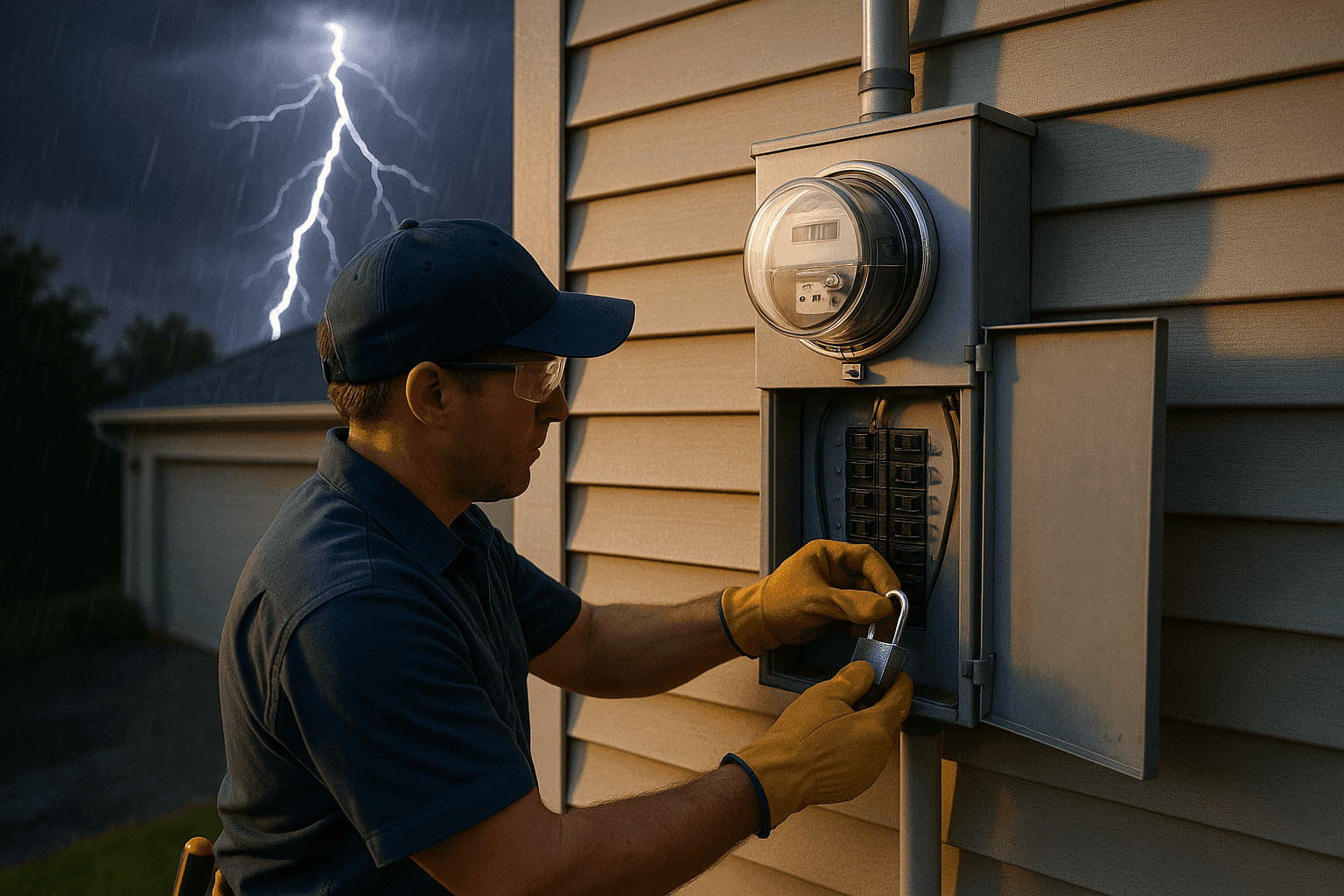 Residential electrical panel during a thunderstorm with lightning overhead