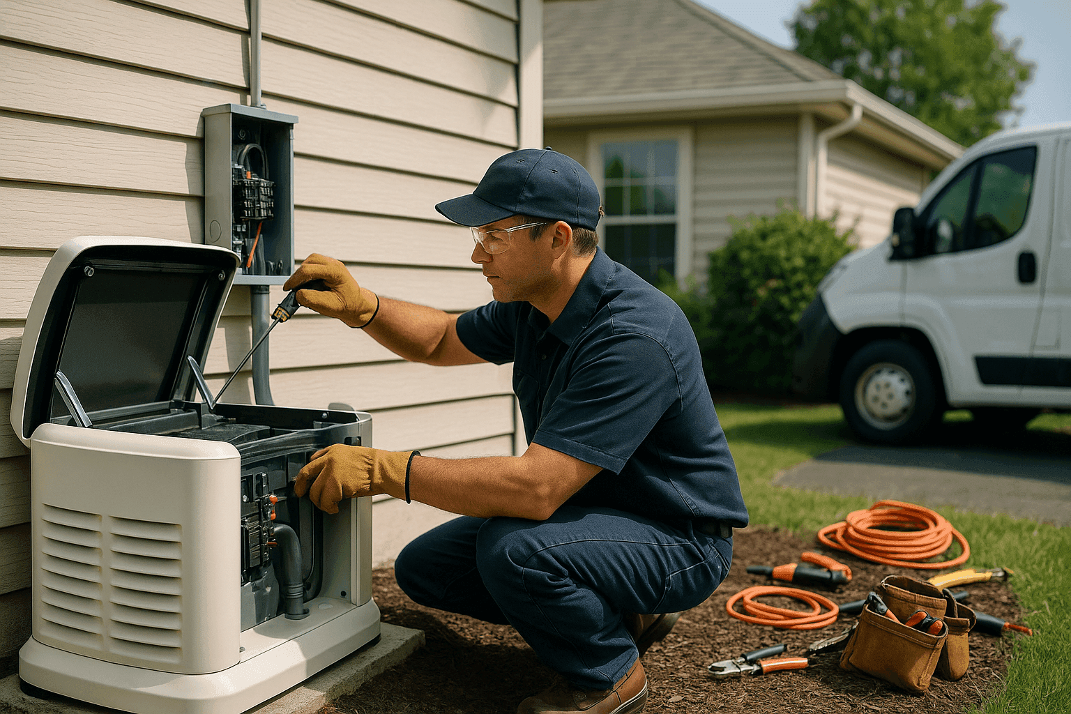 Electrician safely installing a backup generator outside a house