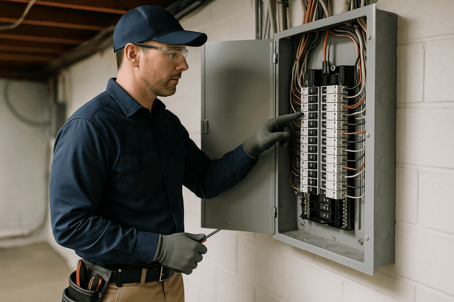 Electrician inspecting upgraded home electrical panel with circuit breakers