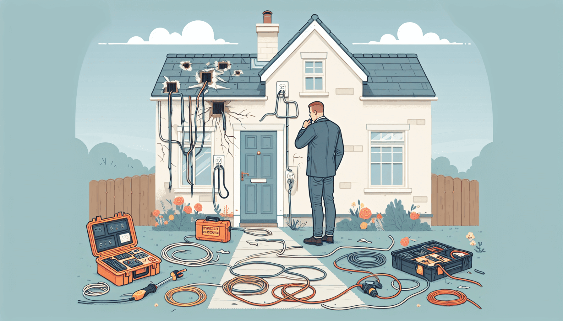 Illustration of damaged wires and outlets in an older home