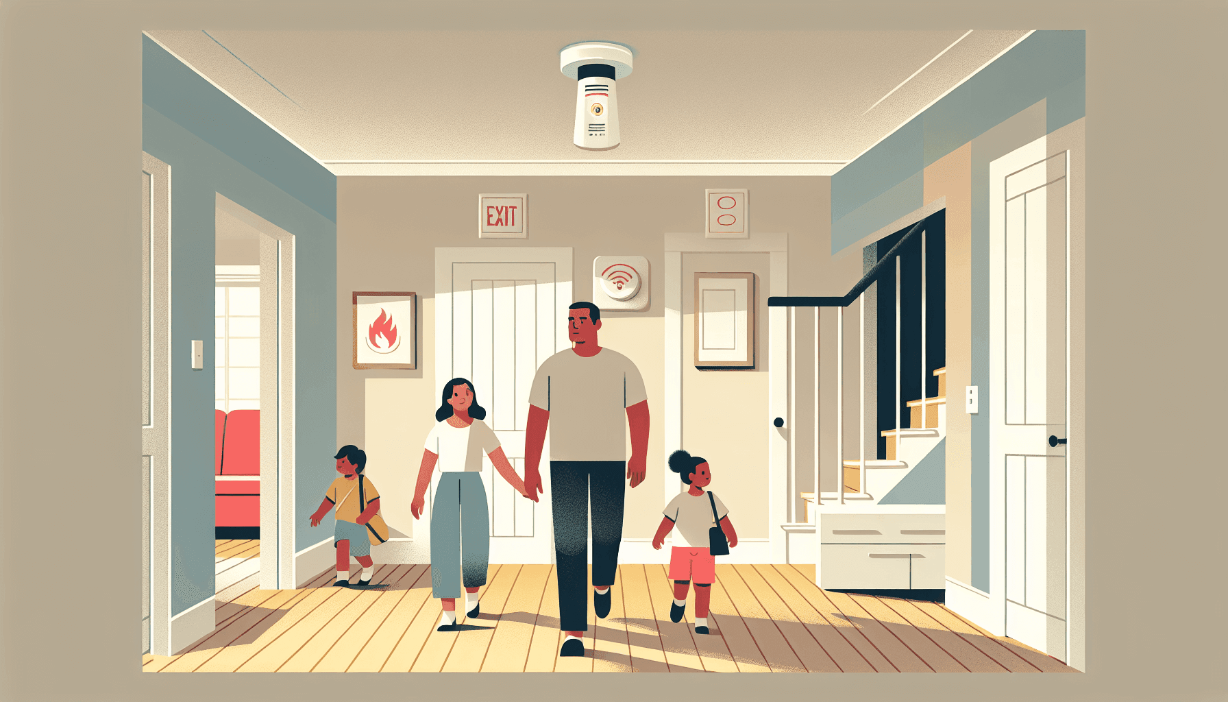 Illustration of installed smoke and CO detectors in a home hallway