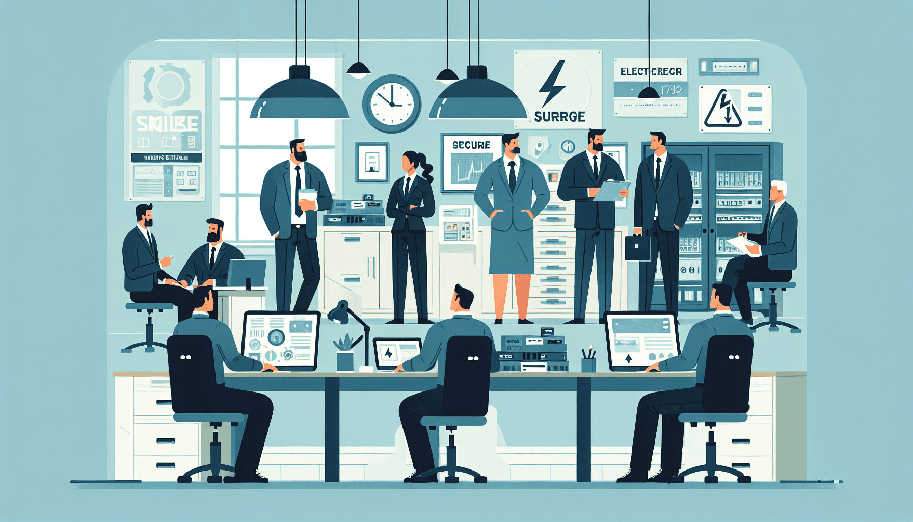 Illustration of a business protected by surge protection devices