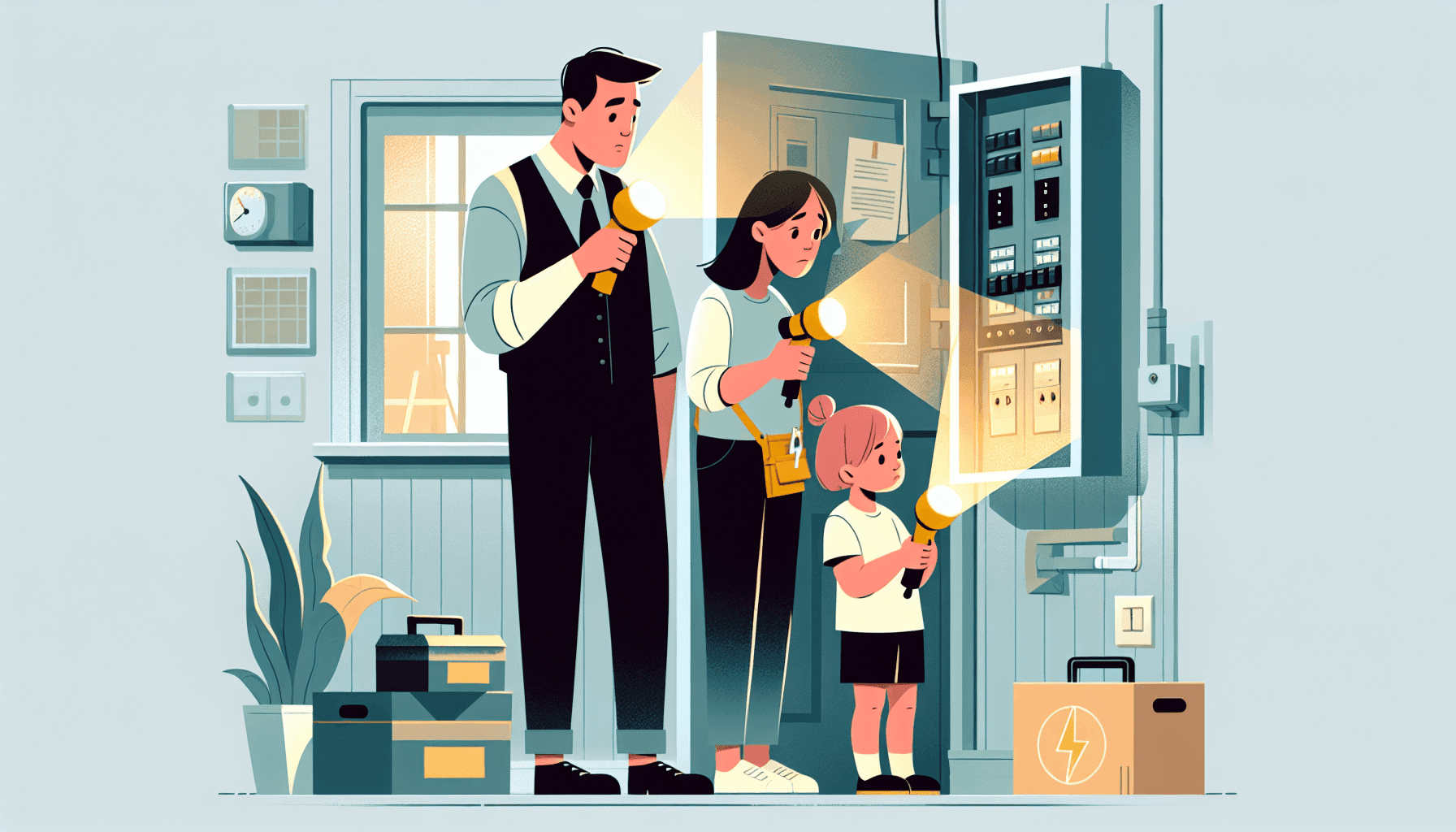Illustration of a family checking their breaker panel during a power outage